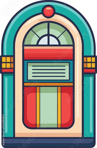 Retro Jukebox Vector Illustration for Music and Nostalgia, Colorful retro jukebox vector illustration with vintage design, ideal for music, nostalgia, 1950s themes, entertainment, and classic diner-in