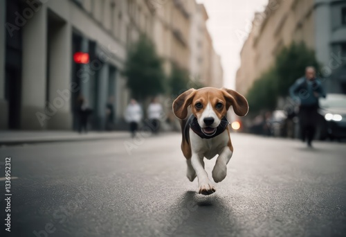 Fototapeta Naklejka Na Ścianę i Meble -  beagle dog running happy in the street of the city, doggy on the road, adorable fluffy friend in the streets
