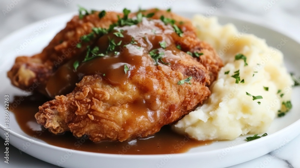 A plate of crispy fried chicken with mashed potatoes and gravy, styled with a Southern comfort food aesthetic A plate of crispy fried chicken with mashed potatoes and gravy, styled with a Southern comfort food aesthetic
