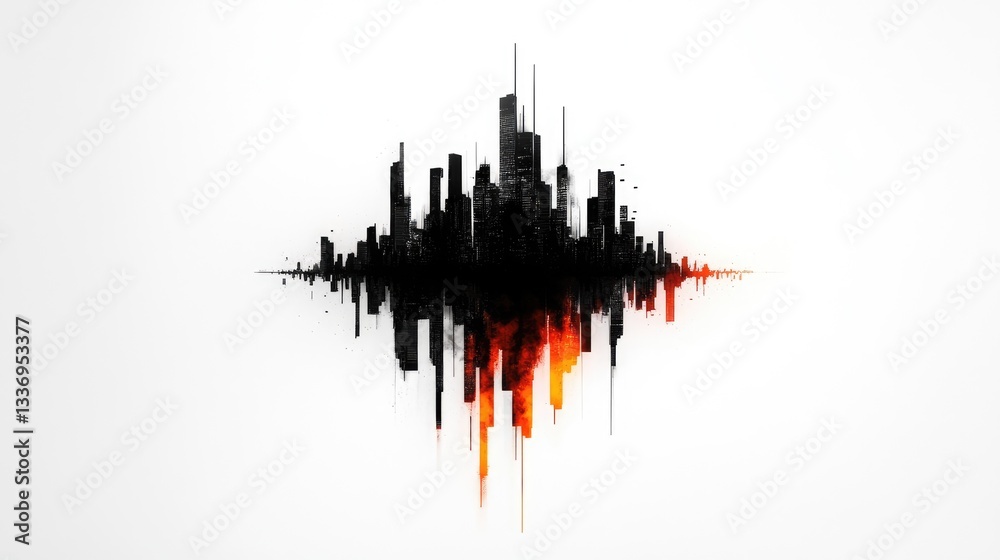 Naklejka premium A black-and-white cityscape with glitching neon elements