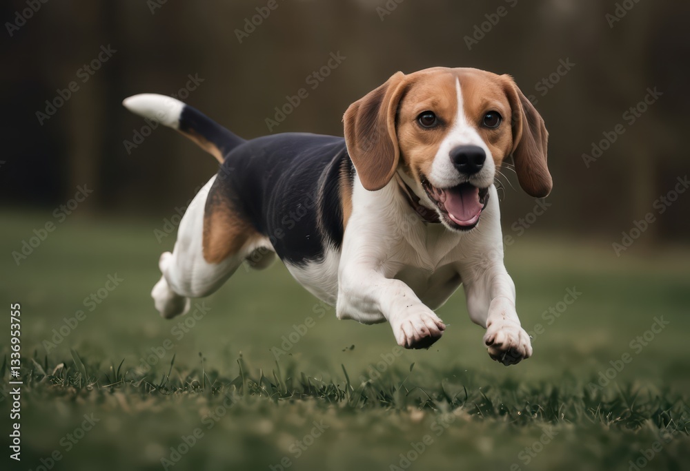 beagle dog running happy in urban park on the city, doggy playing on the grass beagle dog running happy in urban park on the city, doggy playing on the grass