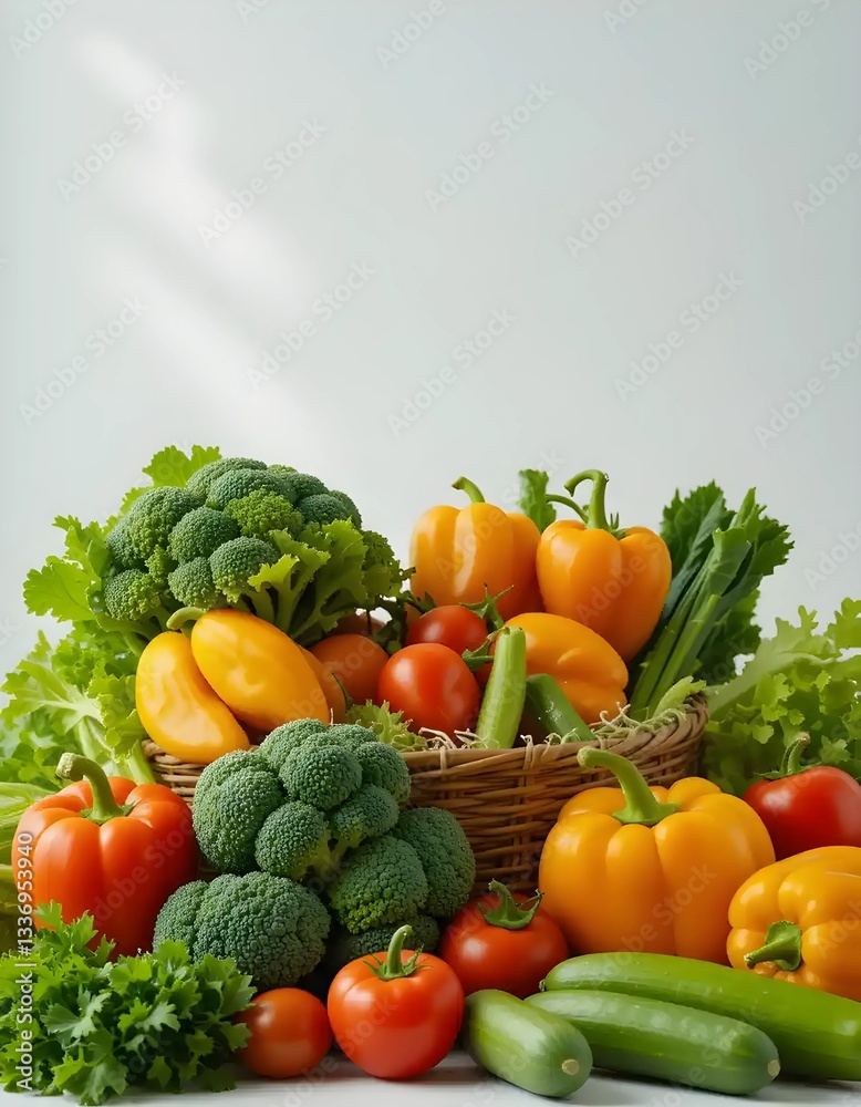Fresh organic vegetables in a woven basket, featuring bell peppers, tomatoes, broccoli, cucumbers, and leafy greens Fresh organic vegetables in a woven basket, featuring bell peppers, tomatoes, broccoli, cucumbers, and leafy greens