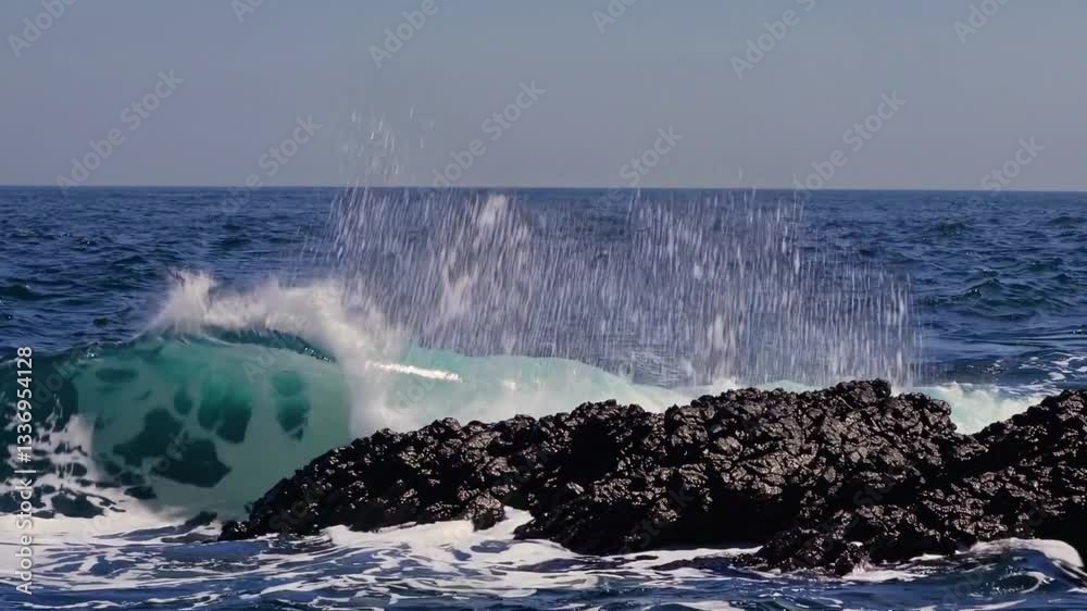 Serene Coastal Waves on Rocky Shoreline with Gentle Breeze and Calm Blue Water Surface Serene Coastal Waves on Rocky Shoreline with Gentle Breeze and Calm Blue Water Surface
