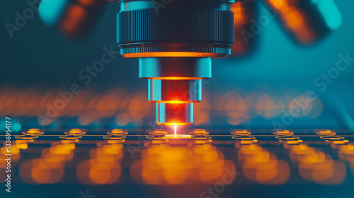 Automated inspection system with microscope focusing on circuit board components, showcasing precision and technology in action