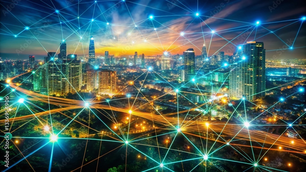 Obraz premium Abstract Network Connections: Digital Data Visualization Double Exposure Stock Photo