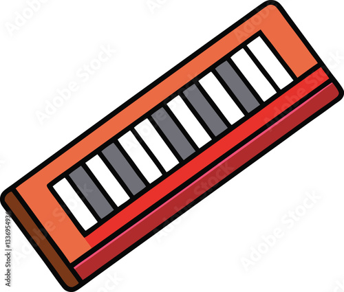 Vector illustration of a colorful melodica, A vibrant vector design of a melodica with colorful accents, showcasing musical keys and a fun, playful style.

