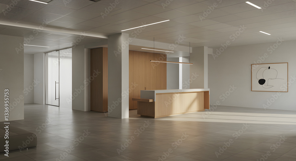 Fototapeta premium Empty office lobby with minimalist furniture and modern art corporate reception area