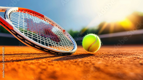 close up view of tennis racket and bright yellow ball on clay court, capturing essence of exciting match