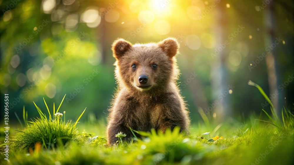 Fototapeta premium Adorable Brown Bear Cub in Miniature Wildlife Scene, Tilt-Shift Photography