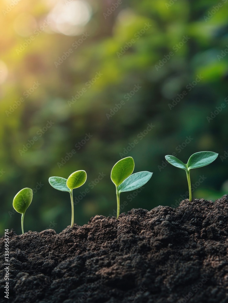 Fototapeta premium Close-up of small plants growing from the soil, with roots and stems visible