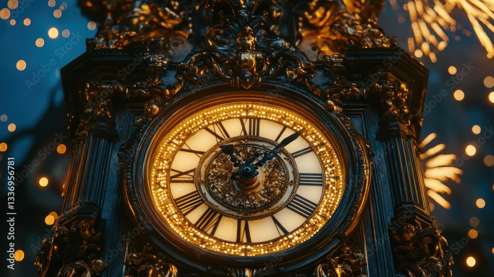 Fototapeta premium Ornate Clock Tower at Night with Fireworks