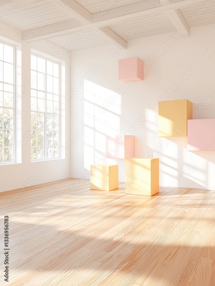 Fototapeta premium Bright and airy room with colorful geometric furniture pieces sunlight streaming in