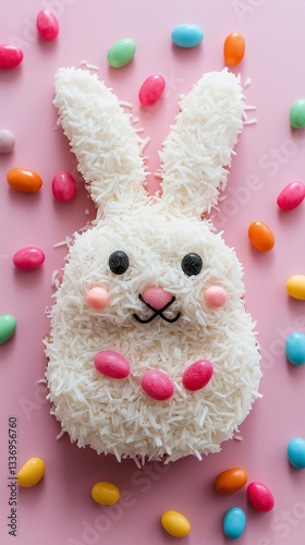 White coconut Easter rabbit cake with jelly beans