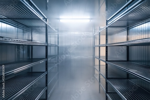 Walk in refrigerator interior with stainless steel shelves and mist Generative AI
