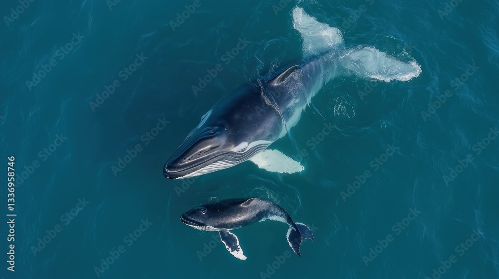 Fototapeta premium Aerial view of humpback whale mother and calf swimming in open ocean waters