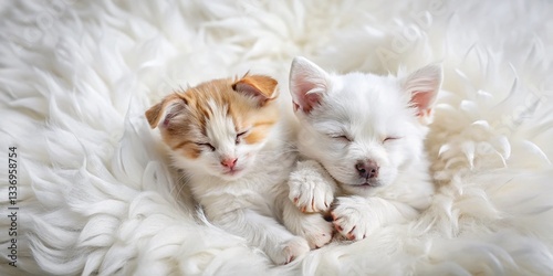 Adorable Puppy and Kitten Napping on Fluffy Blanket - Sweet Pet Photo photo
