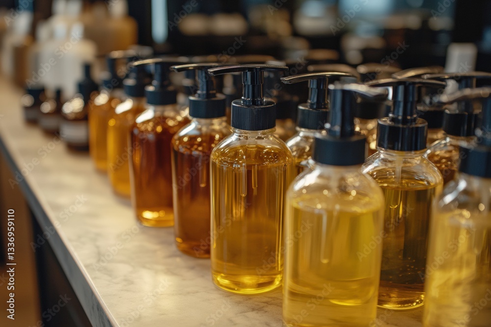 Hair serum and oil bottles neatly arranged on a counter Generative AI Hair serum and oil bottles neatly arranged on a counter Generative AI