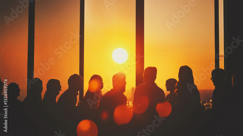 Sunset gathering silhouette with people enjoying view. warm glow of sun creates serene atmosphere, perfect for reflection and connection