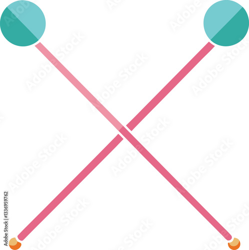 Vector illustration of crossed knitting needles, A minimalist vector design of two crossed knitting needles with colorful rounded tips, symbolizing knitting and crafting.
