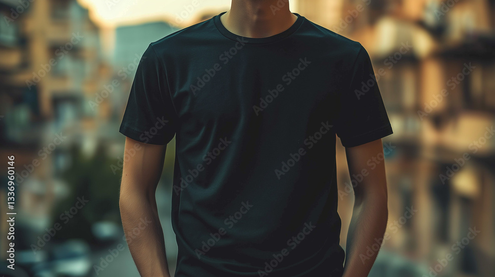 Man wearing a black t-shirt standing in an urban environment with blurred background. AI Generated Images