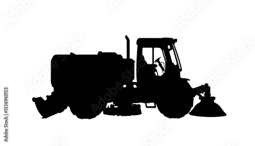 Silhouette of a tractor cleaning against a transparent background  