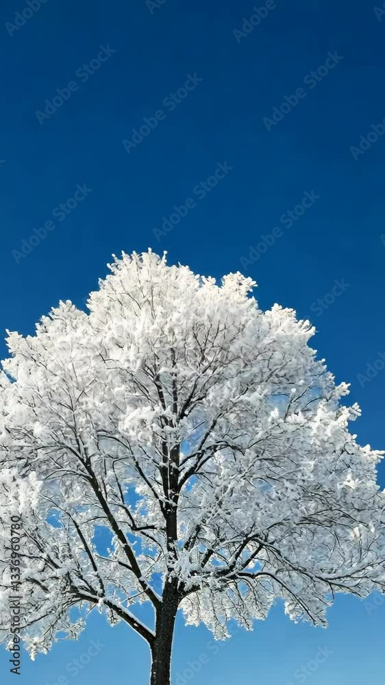 Snow-covered tree stands against a bright blue sky during winter near a tranquil landscape Snow-covered tree stands against a bright blue sky during winter near a tranquil landscape