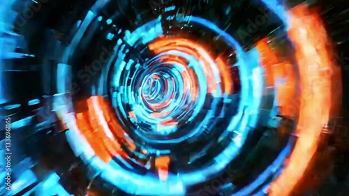 Futuristic Glowing Digital Energy Vortex with Swirling Fractals in the Cosmic Universe. Abstract science and technology background with a spiraling tunnel of light,energy,and motion.