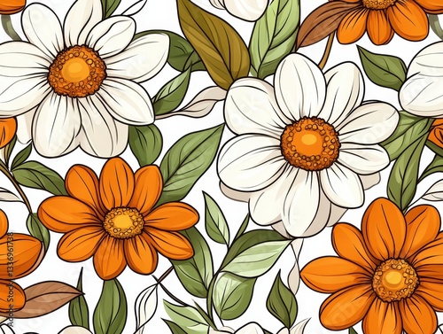 Vibrant floral pattern featuring orange and white flowers intertwined with green leaves