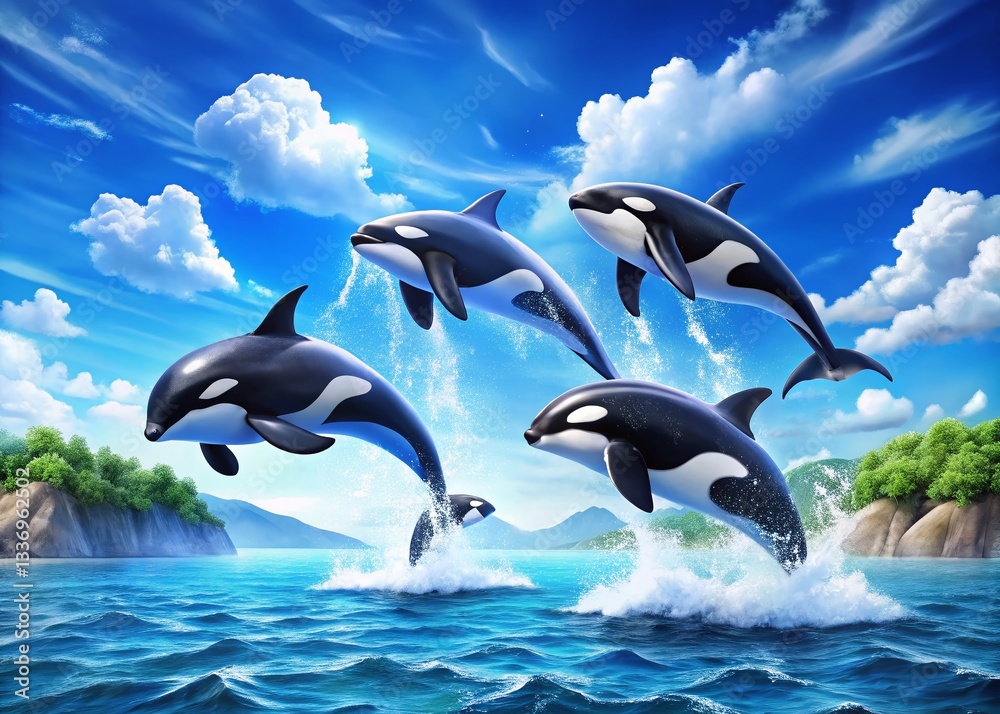Obraz premium Aerial View Cartoon Orcas: Playful Killer Whales Soaring Above Ocean