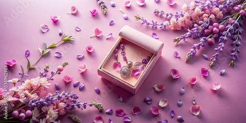 Aerial View: Delicate Pink & Lavender Necklace Box with Scattered Petals
