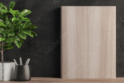 Minimalist Workspace with Wooden Book and Green Plant Decor