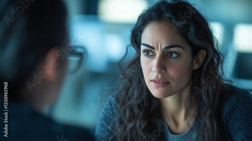 Young hispanic woman engaged in intense conversation with female colleague