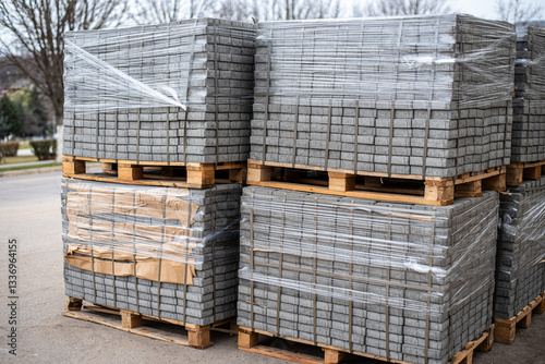Pavement Concrete Tiles at Pallet Construction Site. Urban construction, paving slabs