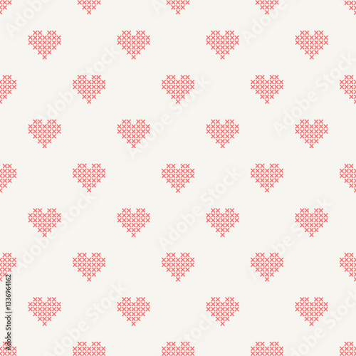 Colourful cute heart pixel seamless vector pattern. Pattern cross stitch with heart. Winter knitted checkered for Christmas theme for fabric, scarves, cards, scrapbooks, wrapping paper, and textiles