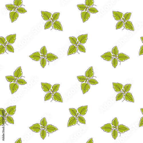 Green basil seamless pattern in one continuous line drawing style. Herbal Italian cuisine ingredient. Vector seamless pattern