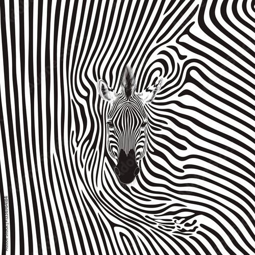 Artful Zebra Illustration with Optical Illusion Stripes in Black and White