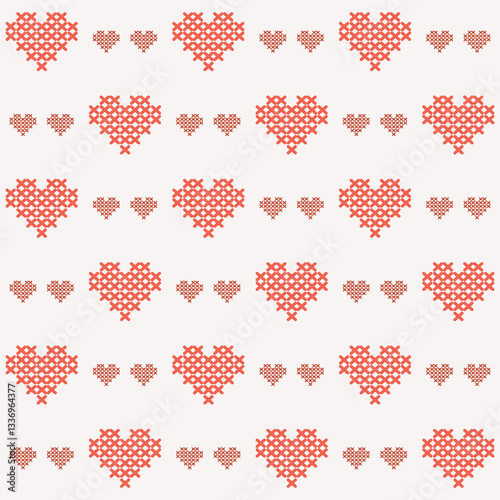 Colourful cute heart pixel seamless vector pattern. Pattern cross stitch with heart. Winter knitted checkered for Christmas theme for fabric, scarves, cards, scrapbooks, wrapping paper, and textiles