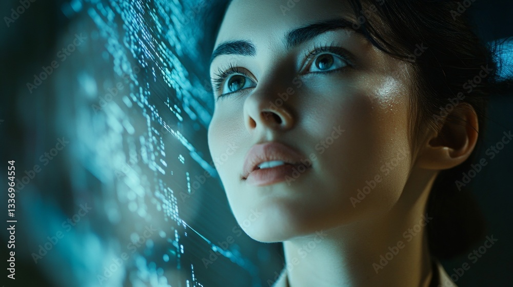 Fototapeta premium Young caucasian female gazing at futuristic digital display