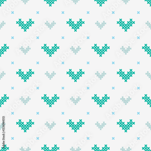 Colourful cute heart pixel seamless vector pattern. Pattern cross stitch with heart. Winter knitted checkered for Christmas theme for fabric, scarves, cards, scrapbooks, wrapping paper, and textiles
