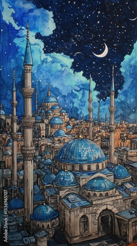 Nighttime cityscape painted on canvas