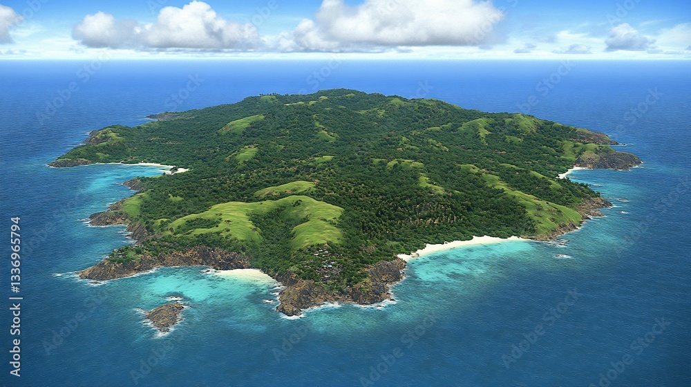 Fototapeta premium Lush tropical island paradise. Surrounded by vibrant turquoise water, showcasing dense vegetation and a pristine beach