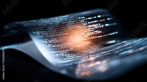 Digital code on flexible screen, glowing softly