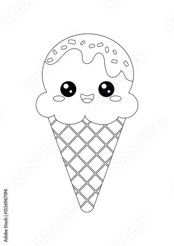 Cute kawaii ice cream coloring page with chocolate glaze. Fun black and white outline illustration for kids and adults. Printable worksheet for coloring books, educational materials and DIY projects.