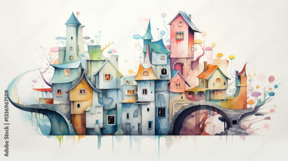 Obraz premium A vibrant village features creatively designed houses with unusual structures and colors, set in a dreamlike landscape filled with abstract flora, evoking a sense of wonder and imagination