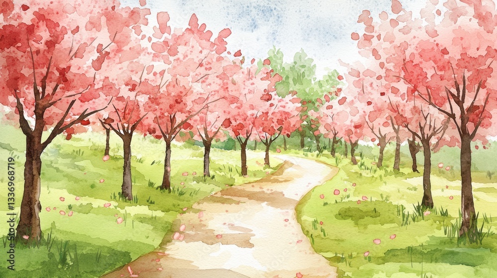 Naklejka premium Lush cherry blossom trees bloom vibrantly along a winding path, inviting visitors to enjoy a tranquil spring day filled with color and nature's beauty