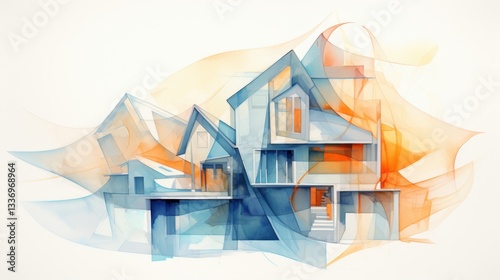 A colorful abstract representation of multiple houses intertwining with soft hues of blue and orange. The artwork captures the essence of modern architecture, highlighting fluid lines and forms