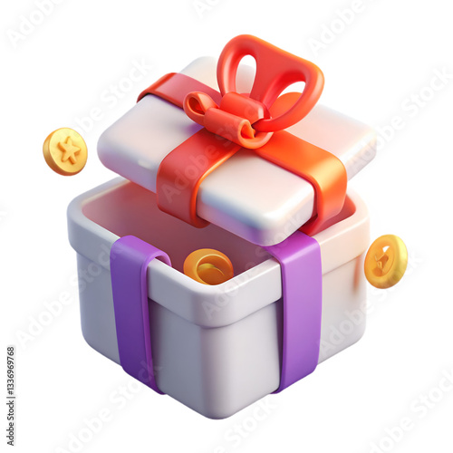 Open white gift box with discount voucher symbolizing surprises in a 3D vibrant illustration  