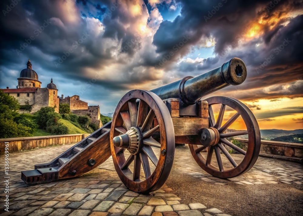 Ancient Cannon on Wooden Wheels Before Fortress Walls - Historical Military Weaponry Stock Photo Ancient Cannon on Wooden Wheels Before Fortress Walls - Historical Military Weaponry Stock Photo