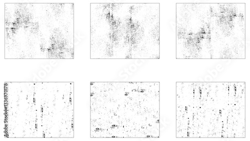 Grunge overlay textures with dust grain isolated on white background. Set of vector paint brush stroke, ink splash and grungy decoration elements for social media. Distressed vintage banner frame.
