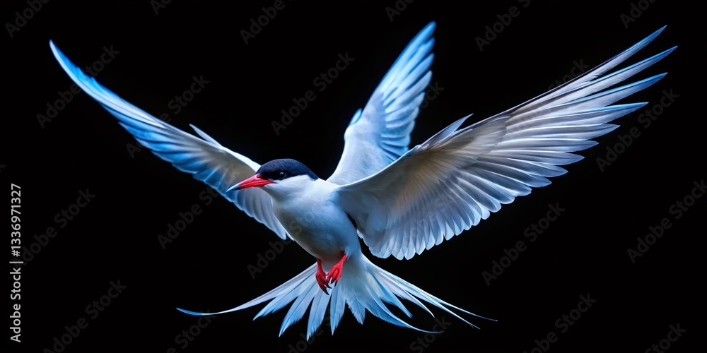 Fototapeta premium Arctic Tern Bird in Flight, Night Photography, Isolated PNG